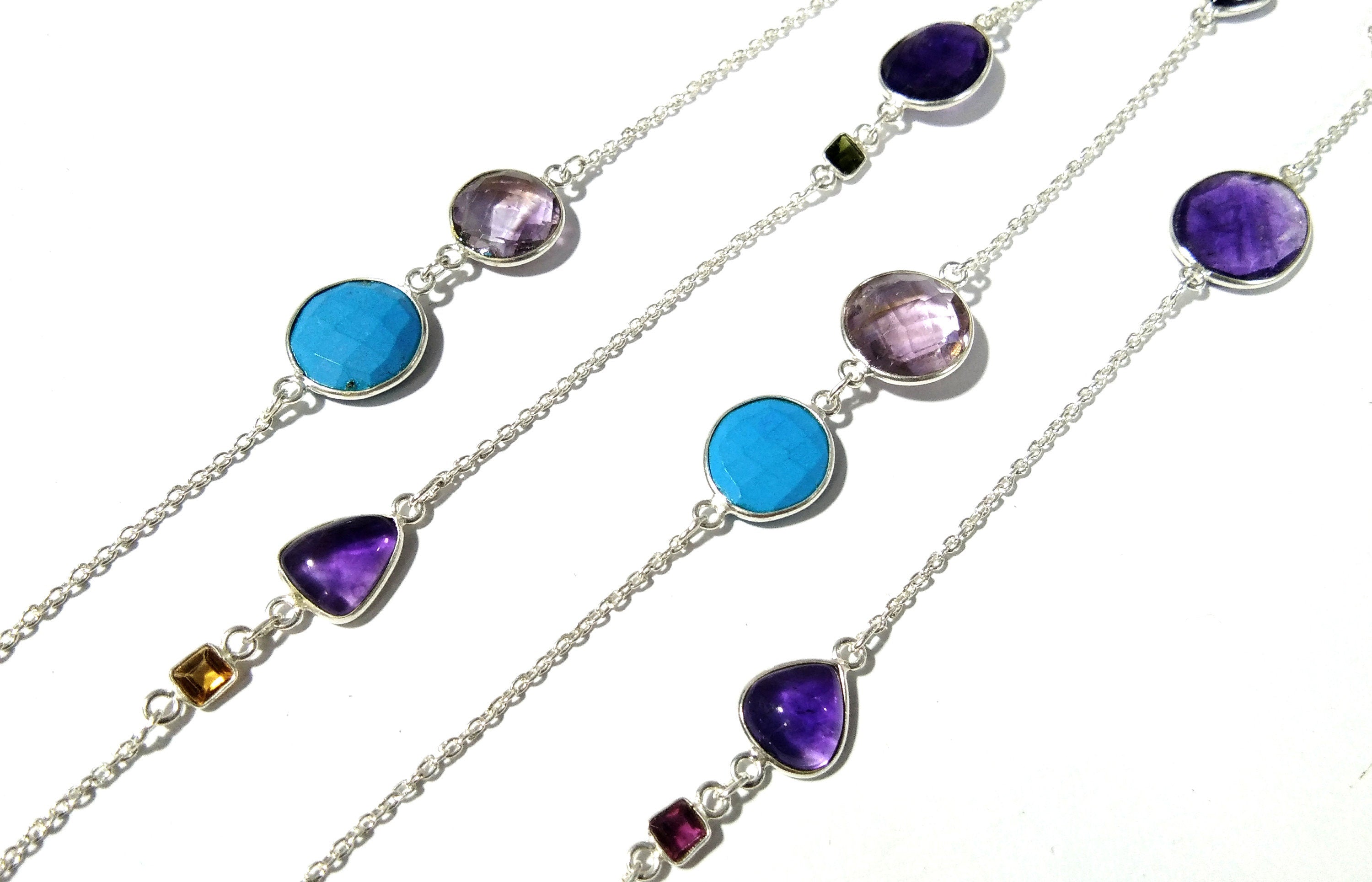 36'' Log Necklace In 925 Silver, Multi Gemstone Log Chain Necklace, Handmade Making Bezel Necklace For Girls & Women.